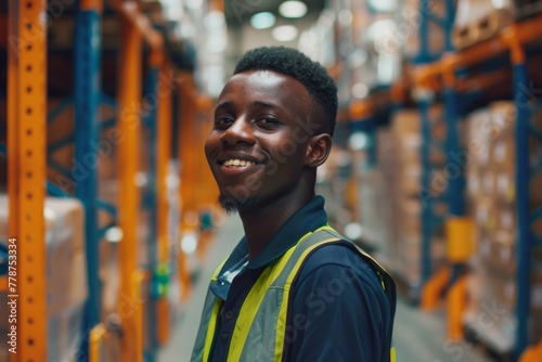 A young male warehouse worker is smiling confidently in a large warehouse facility