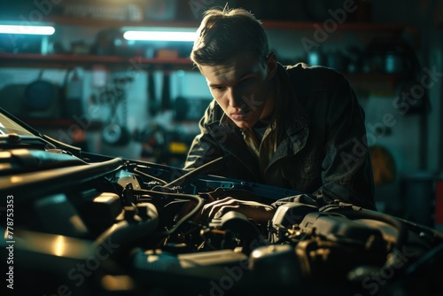 A skilled mechanic carefully examines the car engine, intense focus on the complex task at hand in a well-equipped workshop