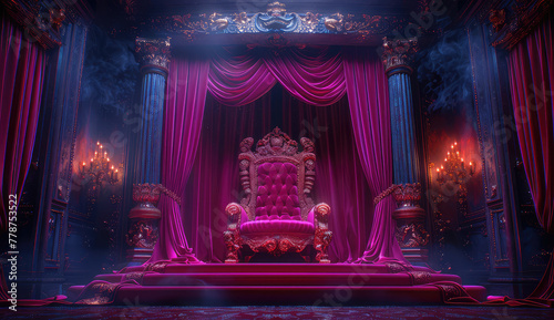 A dramatic red velvet throne chair with gold details sits on an empty stage, surrounded by ornate pink curtains. Created with Ai