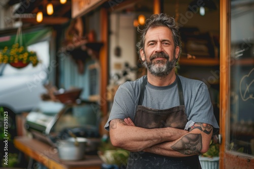 A tattooed male chef with a hipster vibe stands with crossed arms in front of his urban eatery