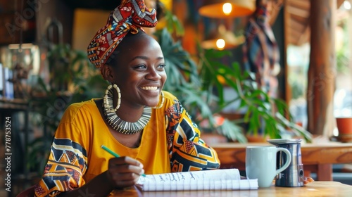 A young African woman in colorful attire sits at a cafe, writing notes with a mug beside her