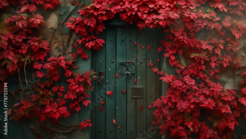 Wooden door with covered red leaf ivy plant