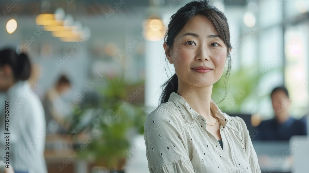 A professional looking woman offers a gentle smile, with arms crossed, in a bustling office space, embodying confidence and competence A professional looking woman offers a gentle smile, with arms crossed, in a bustling office space, embodying confidence and competence
