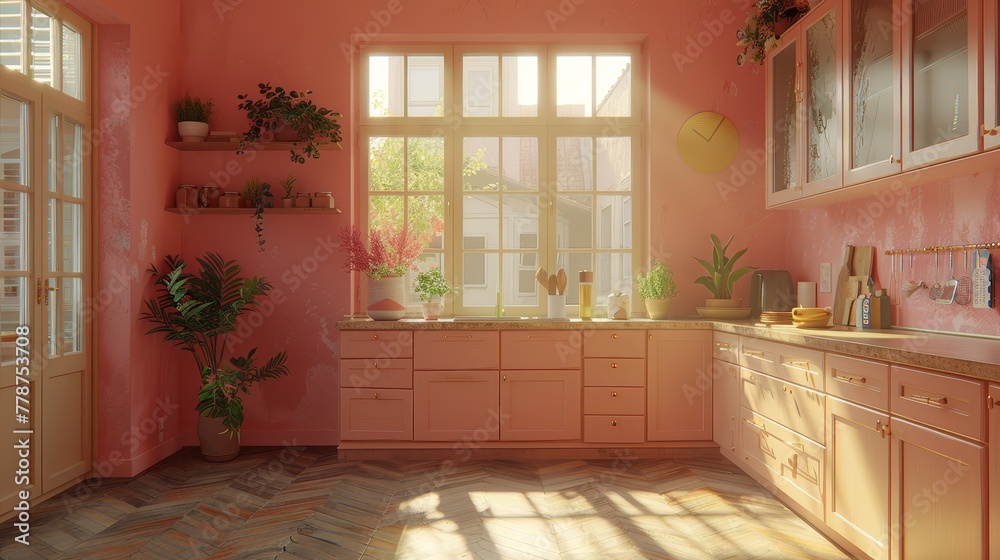 A kitchen featuring pink walls, cabinets, and a potted plant on the window sill, centered in the room A kitchen featuring pink walls, cabinets, and a potted plant on the window sill, centered in the room