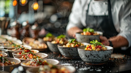  Many colorful bowls of food on a wooden table against a white wall, with a person in the foreground holding a utensil and a warm light illuminating the scene