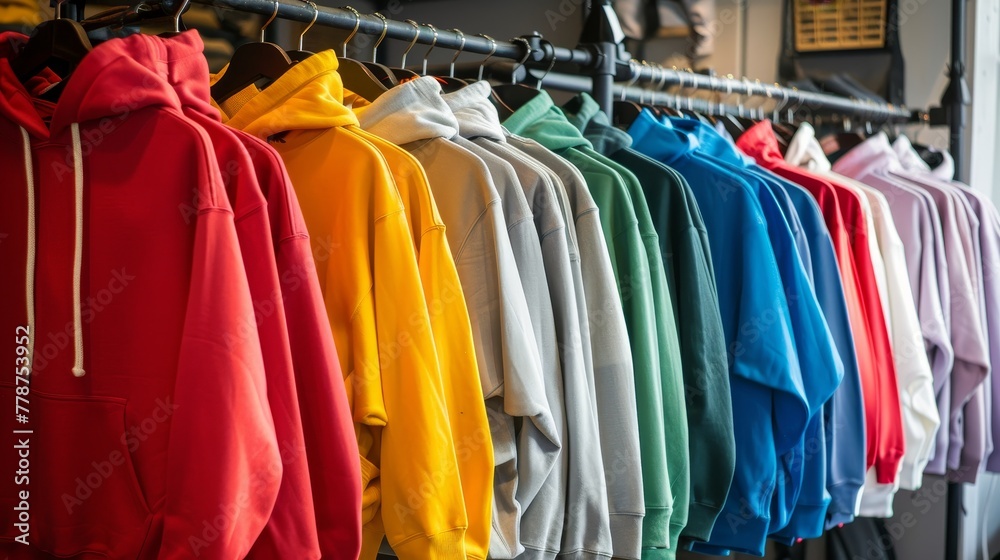Variety of hoodies in bright colors arranged on hangers in store 