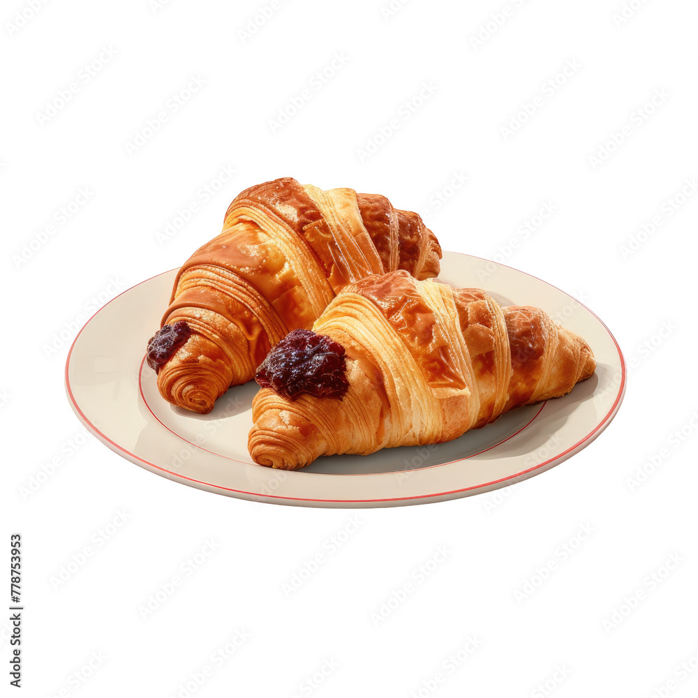 Two croissants on plate against Transparent Background Two croissants on plate against Transparent Background