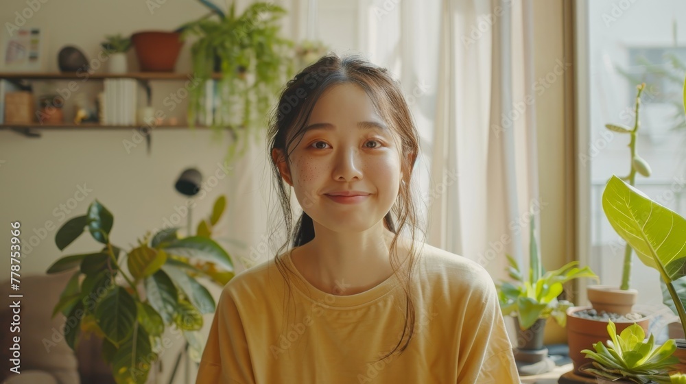 Peaceful young woman at home offering a soft and genuine smile Peaceful young woman at home offering a soft and genuine smile