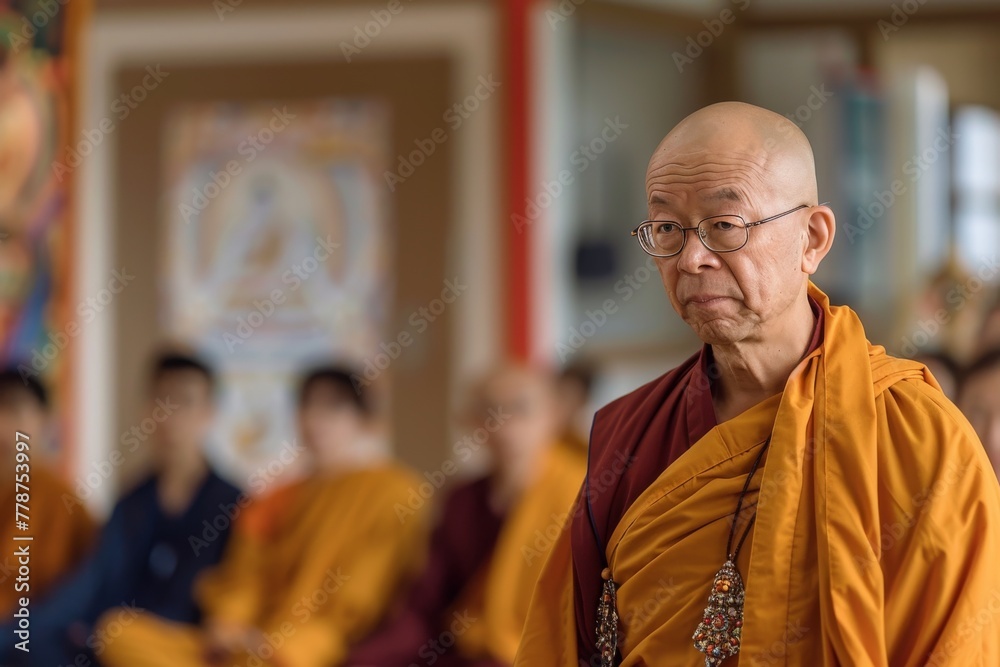 A Buddhist monk engaging in quiet reflection, surrounded by others A Buddhist monk engaging in quiet reflection, surrounded by others