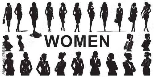 busines women silhouette vector set, full heght and portrait, unrecognizable person