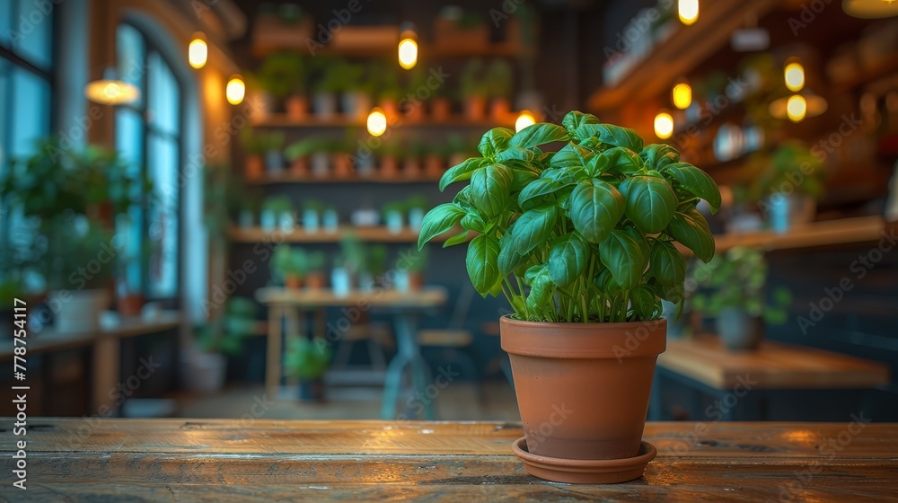   A potted plant perched atop a wooden table, in front of a store brimming with pottery