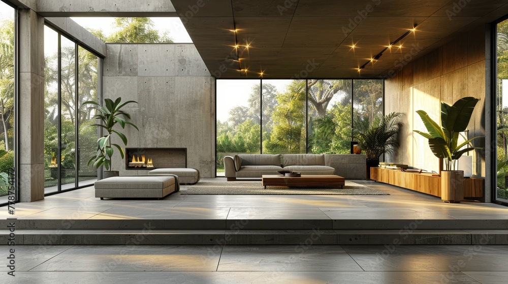 A spacious living room with ample seating options and a stunning fireplace nestled within a tall floor-to-ceiling window A spacious living room with ample seating options and a stunning fireplace nestled within a tall floor-to-ceiling window