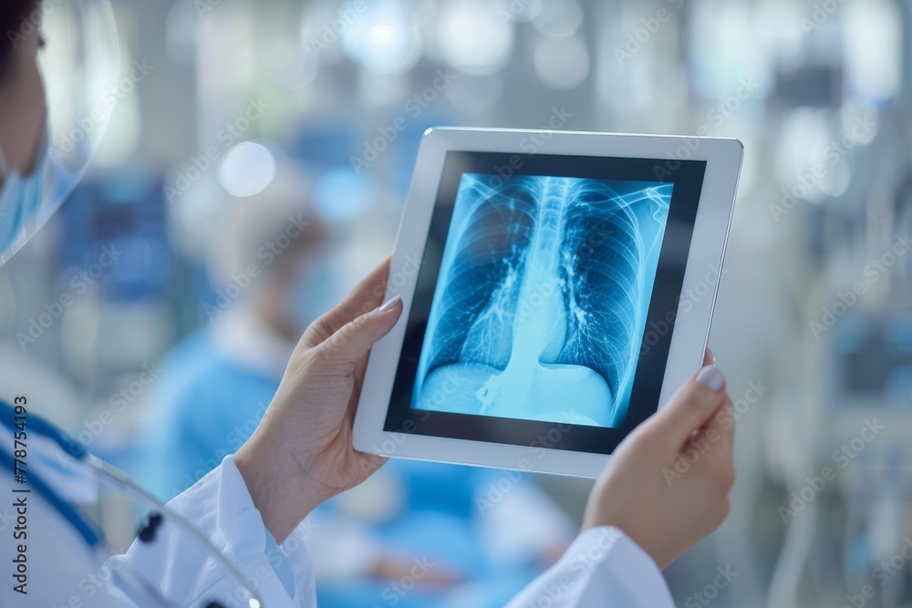 In a brightly lit medical environment, a healthcare professional reviews a chest X-ray scan on a digital tablet