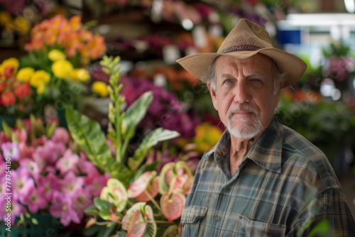 A thoughtful mature man with a beard wearing a cowboy hat is at a botanical market full of plants