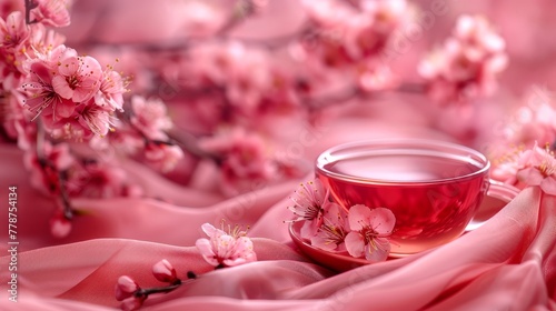  A cup of tea on a pink cloth beside cherry blossom branches
