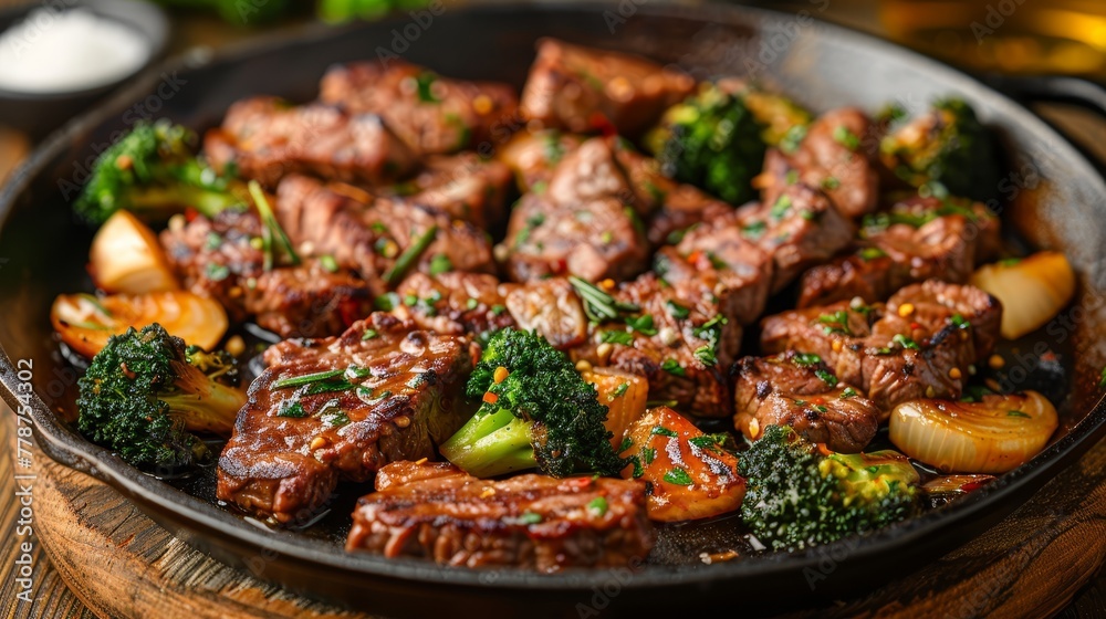   A pan of meat and broccoli sits atop a wooden table, accompanied by a glass of beer