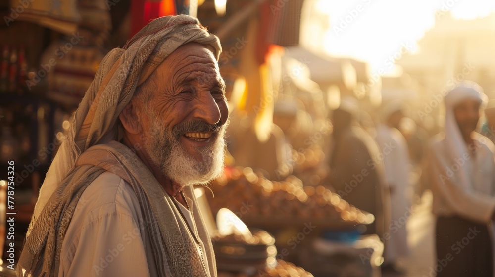 A joyful elderly man in traditional attire smiles heartily in a bustling marketplace, capturing a moment of happiness