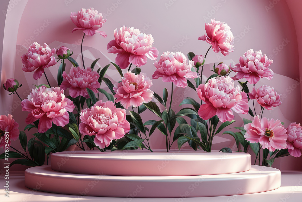 Pink podium on pink background with pink flowers. Created with Ai