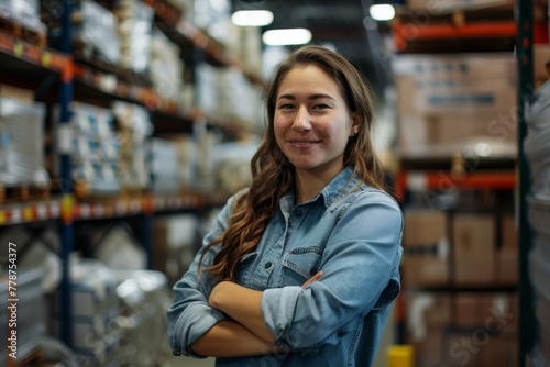 A confident young woman with a friendly smile stands with her arms crossed in a warehouse, symbolizing strength and competence