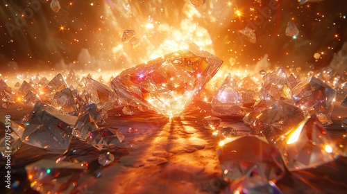 A group of crystal cubes on a floor with a central fire