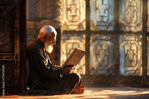 An elegant mosque's golden light envelops a man engrossed in his religious text, reflecting devotion and the timeless beauty of religious practice