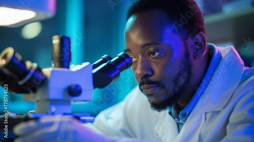 Focused male scientist examining samples with a microscope in a research laboratory
