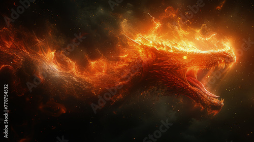 The fire red dragon brings disaster. Animal myths. Fictional world. © pengedarseni