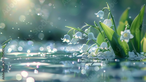 On the shore, lilies of the valley bloom on the surface of which there are drops of clear water. Sunlight, sparkling. The background is blurred and the reflections in the water create a dreamy scene.