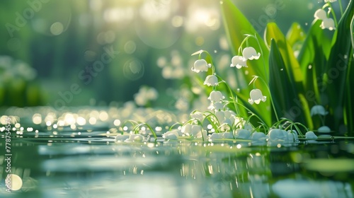 On the shore, lilies of the valley bloom on the surface of which there are drops of clear water. Sunlight, sparkling. The background is blurred and the reflections in the water create a dreamy scene.