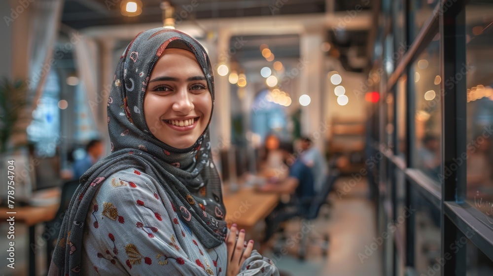 Young and vibrant Muslim woman smiling as her friends are in the background in a lively café