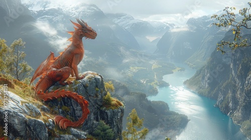 A majestic red dragon perched atop a rocky cliff. mythical creature. Fictional world.