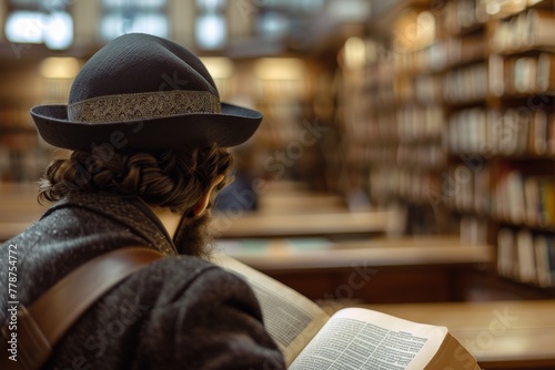 An Orthodox Jewish individual is seen examining holy texts amidst a backdrop of books, signifying a moment of religious study and reflection