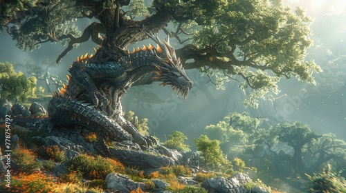 A wise dragon coiled around a sacred tree. Mythical creature. Fictional world.