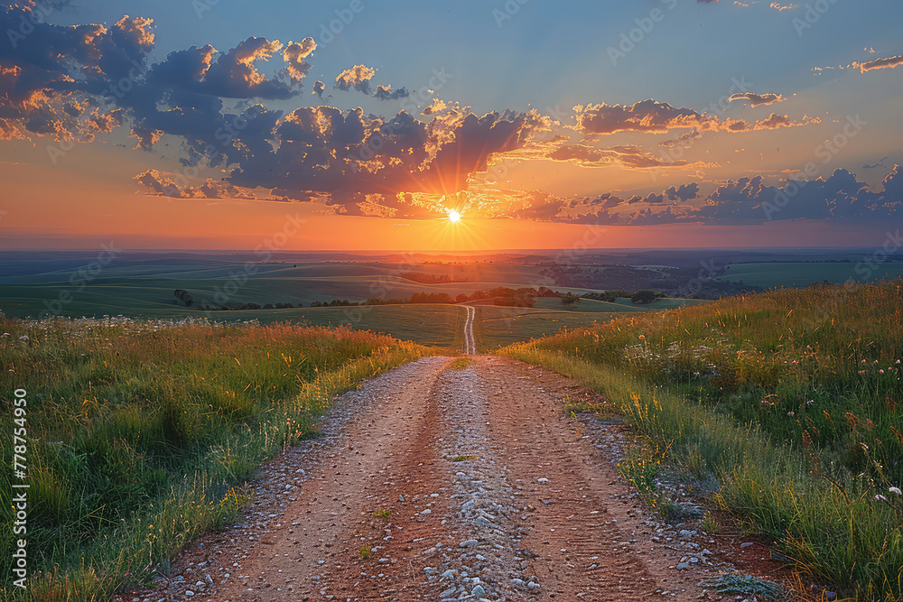 A long, winding dirt road leading into the distance in an open field with trees on both sides of it at sunset. Created with Ai
