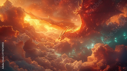 A mythical dragon floating amidst clouds and shimmering stars. Mythical creature. Fictional world.