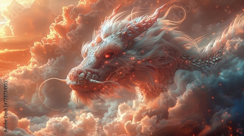 A mythical dragon floating amidst clouds and shimmering stars. Mythical creature. Fictional world.