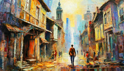 Vibrant colours bring to life a bustling street scene, with people and buildings depicted in a dynamic, impressionistic style. The central figure walks towards the light. AI generated.