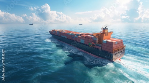 A giant cargo ship sails through the open ocean, carrying goods and navigating the waves.