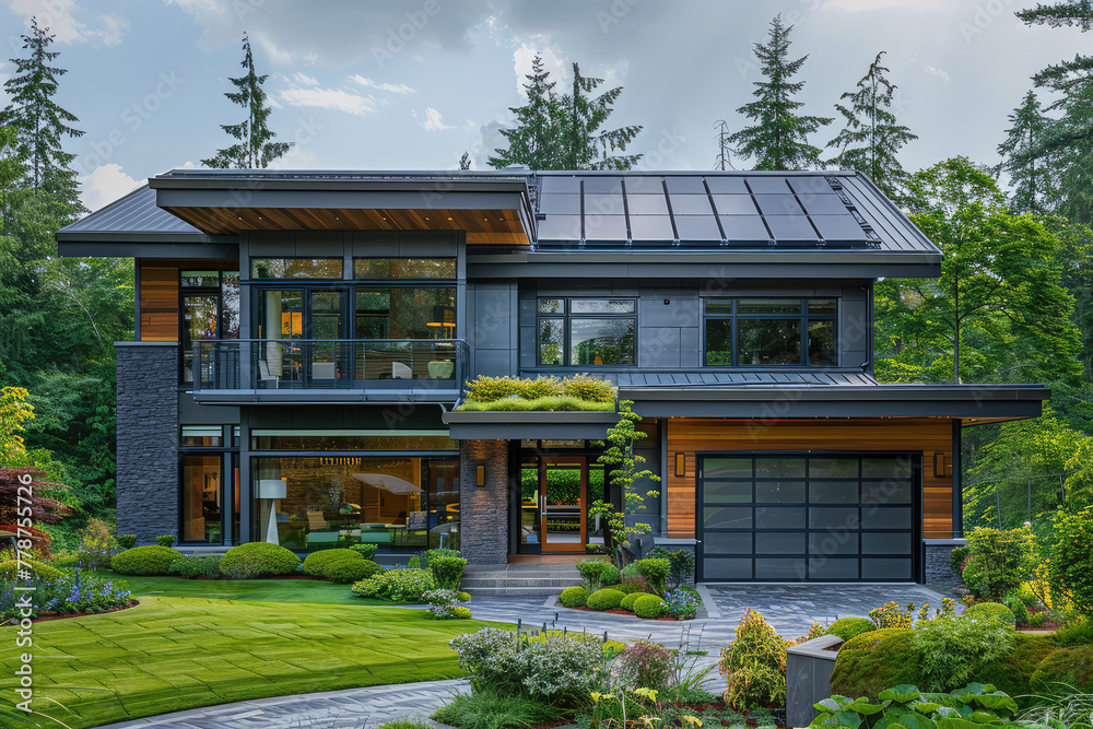 photo of modern home in vancouver, front view, solar panels on roof, stone and wood exterior. Created with Ai