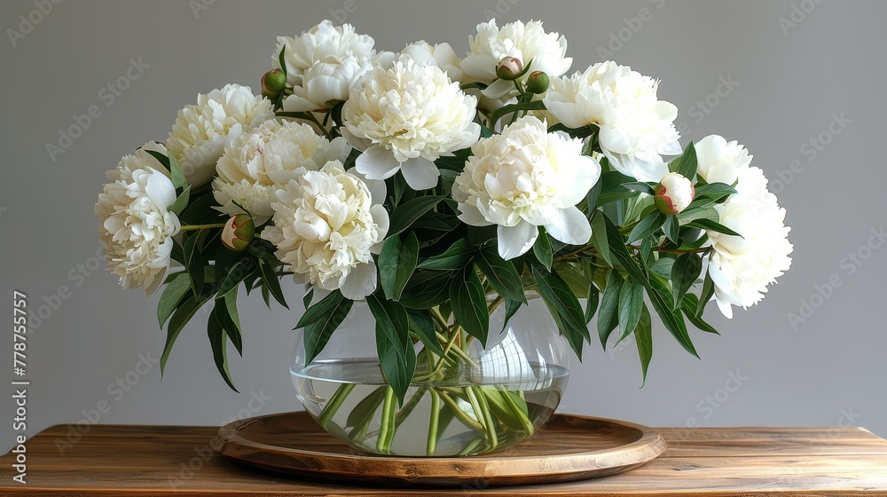 A white-filled vase sits atop a wooden table, near another identical vase A white-filled vase sits atop a wooden table, near another identical vase