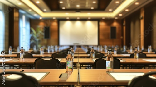 A large conference room with a projector screen and a number of empty chairs
