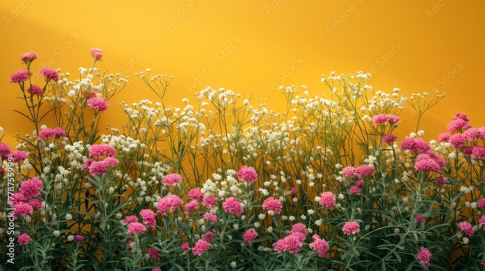   A group of pink and white flowers against a yellow backdrop, with white and pink blooms in the foreground