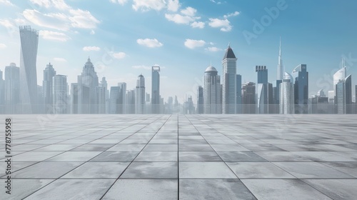 A city skyline with a large empty lot in the middle