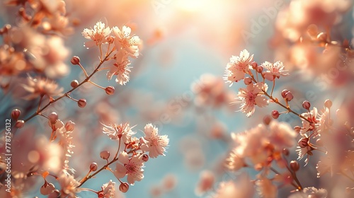  A close-up of a bouquet of flowers against a blue sky backdrop with a sunbeam illuminating it from behind