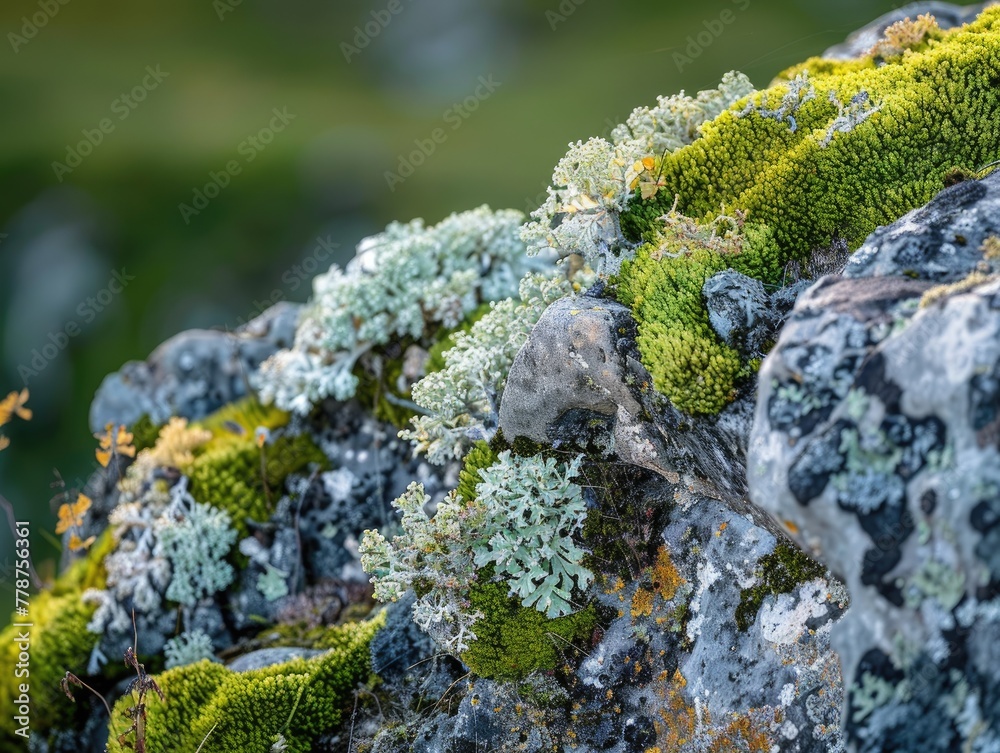 A close-up of moss and lichen on a rock