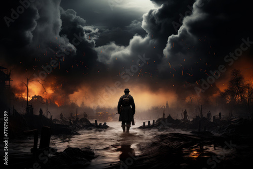 Lone soldier walks through burning city. Apocalyptic landscape