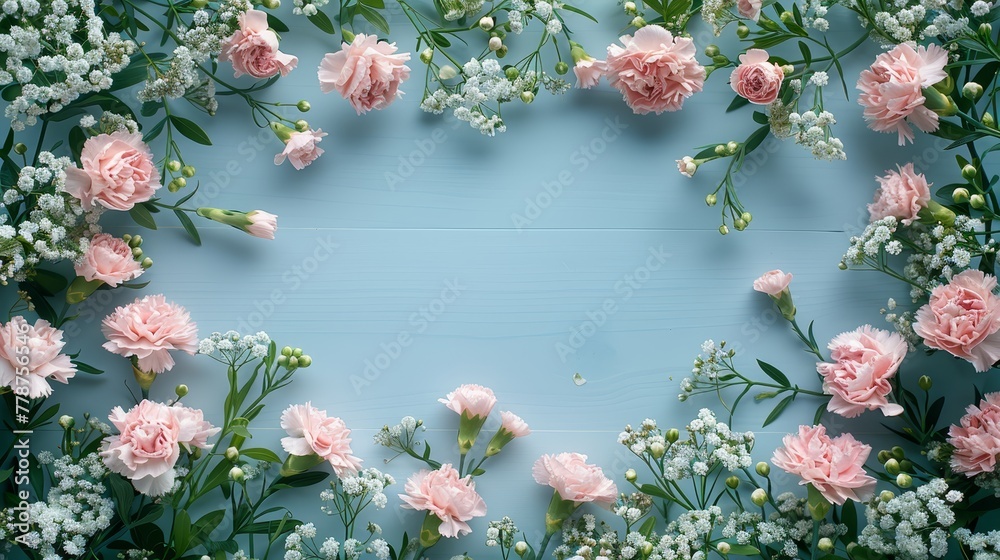   Pink and white flowers formed into a heart shape on a blue backdrop with baby's breath
