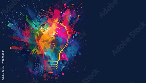 A vibrant colorful lightbulb with an explosion of colors and shapes emanating from it, set against a dark blue background