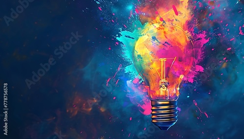 A vibrant colorful lightbulb with an explosion of colors and shapes emanating from it, set against a dark blue background