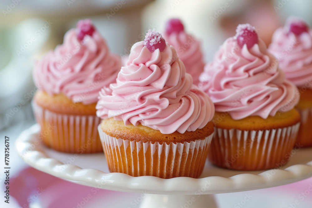 Close-up of the pastel pink cream cupcakes.